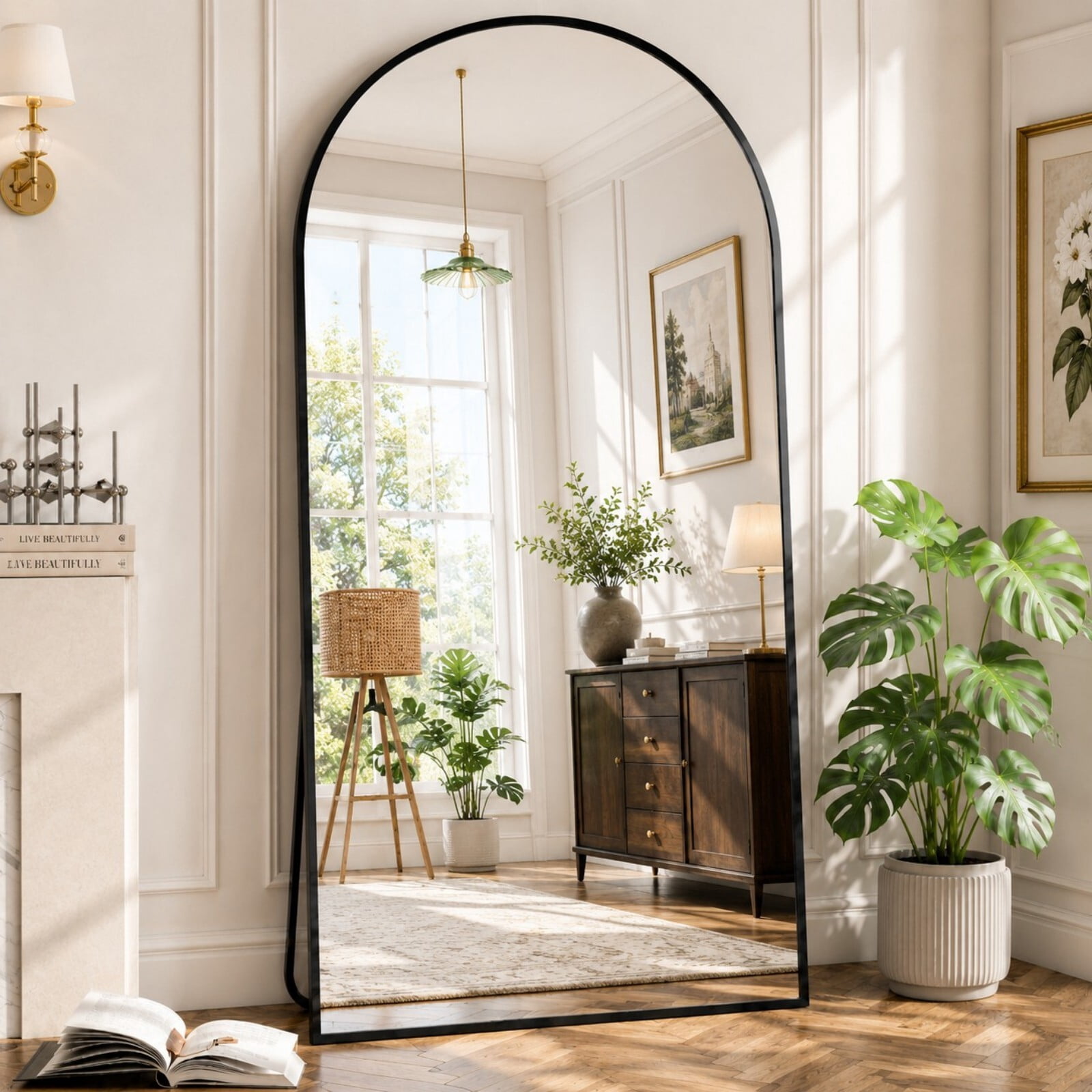 GRAHMCY 78" x 35.3" Arched Large Full Length Mirror Wall Mounted Floor Mirror with Stand, Black