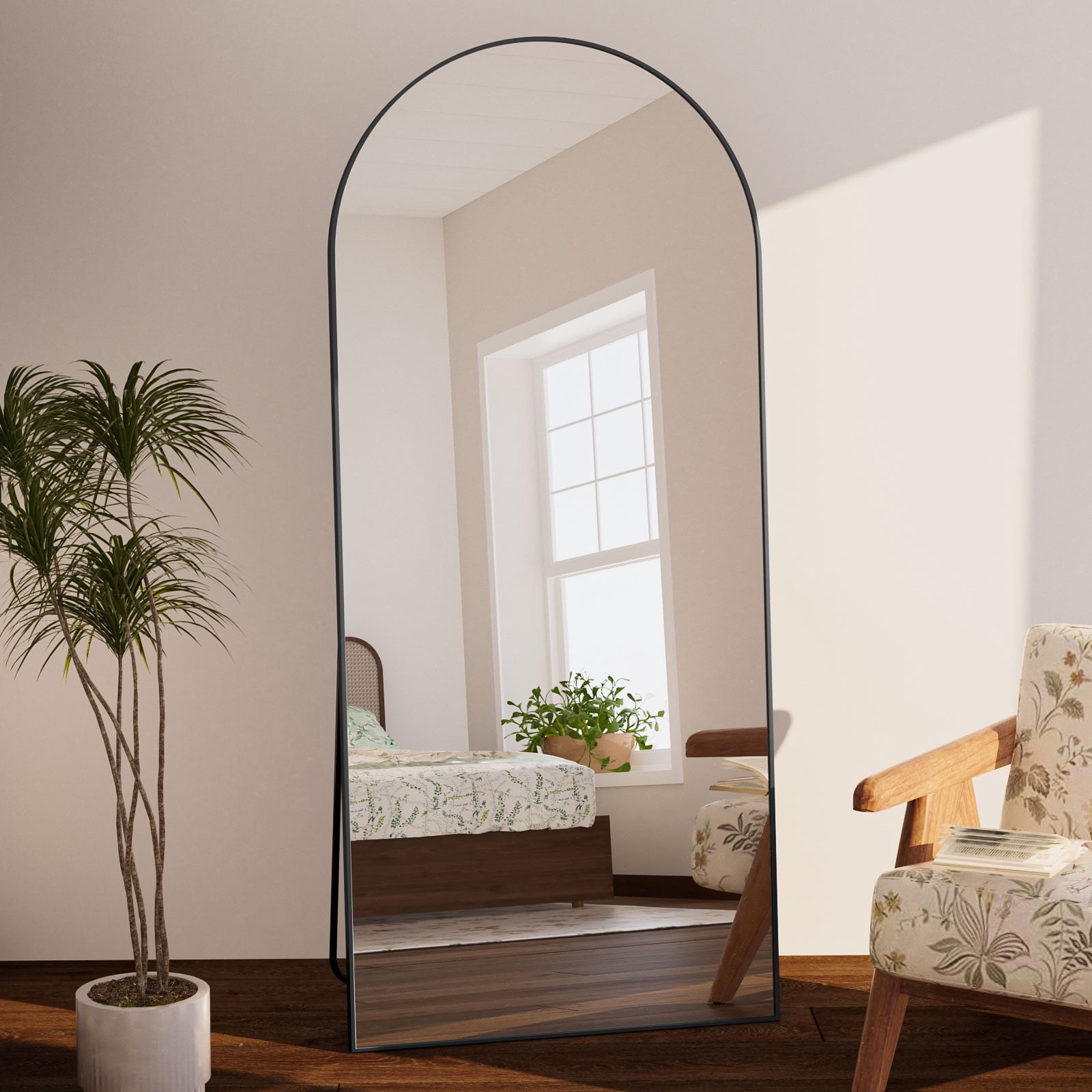 GRAHMCY 78"x35" Arched Full Length Floor Mirror Free-standing Mirror with Aluminum Alloy Frame, Black