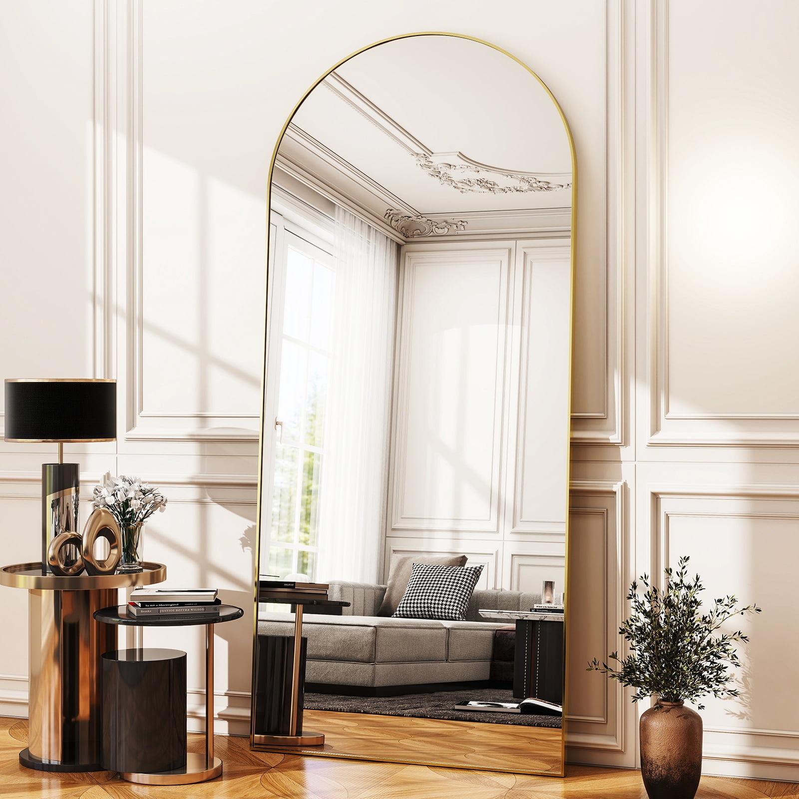 GRAHMCY 78"x35" Arched Full Length Floor Mirror Free-standing Mirror with Aluminum Alloy Frame, Gold