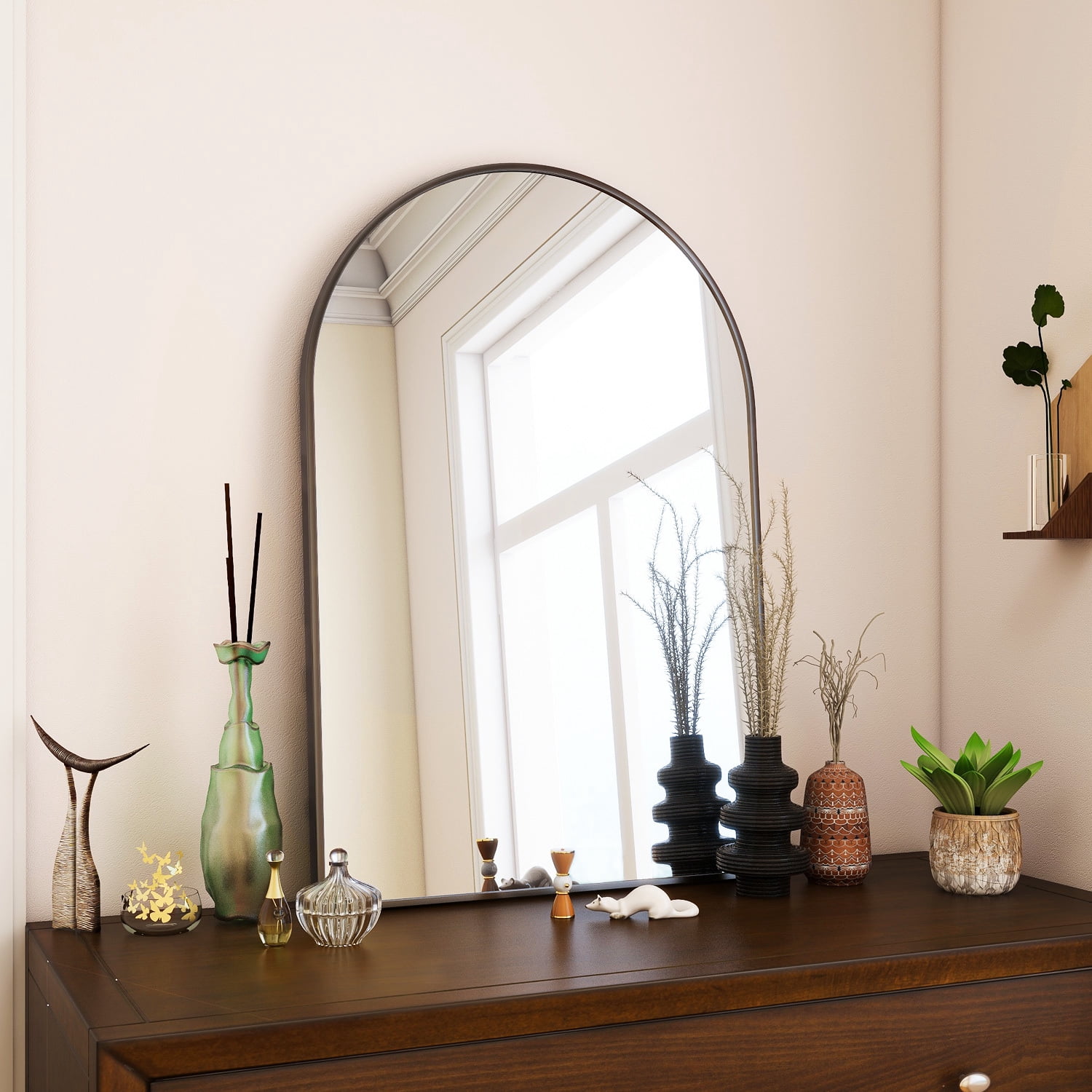 GRAHMY 24"x 16" Arched Bathroom Mirror Metal Frame Vanity Mirror Wall Mounted, Black