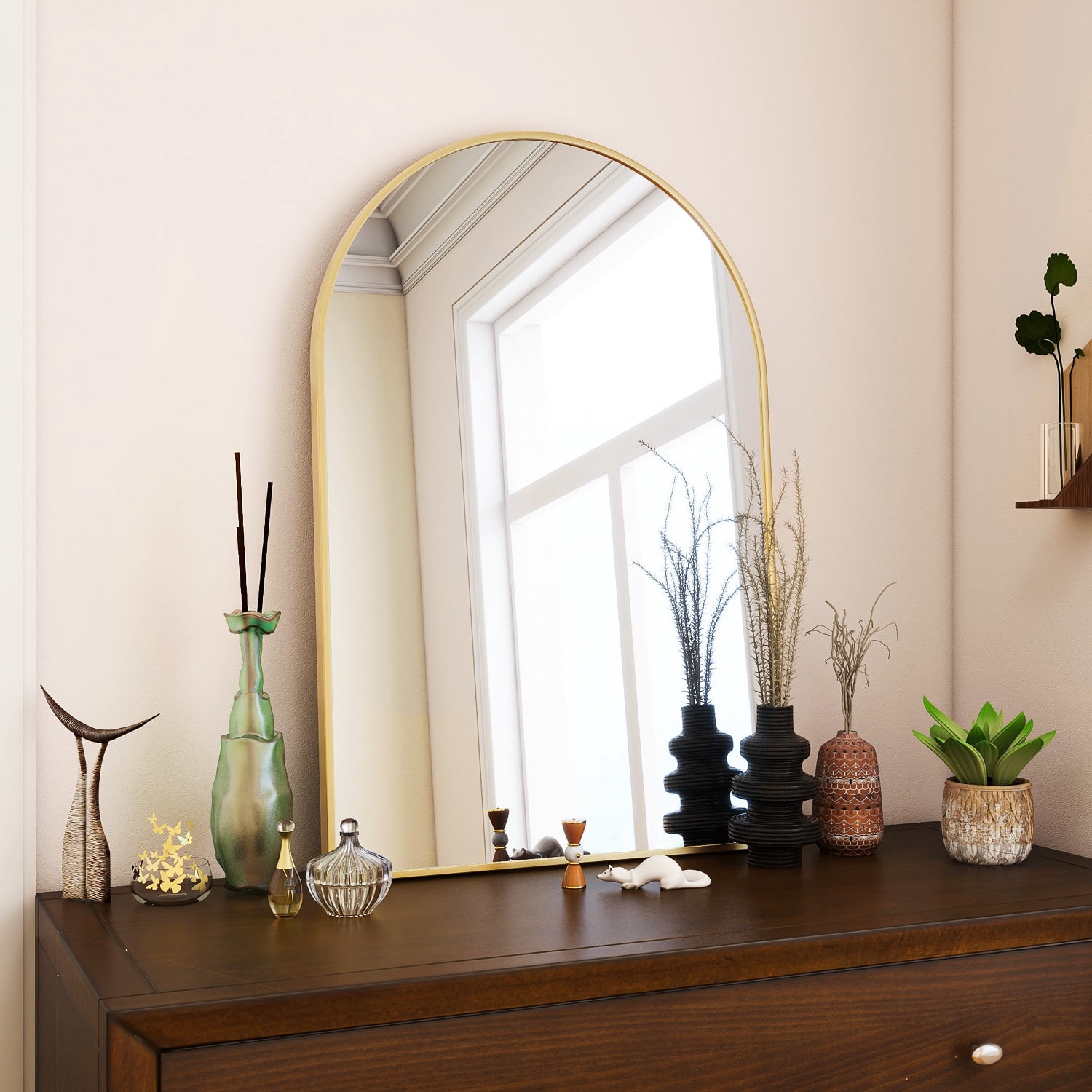 GRAHMY 24"x 16" Arched Bathroom Mirror Metal Frame Vanity Mirror Wall Mounted, Gold
