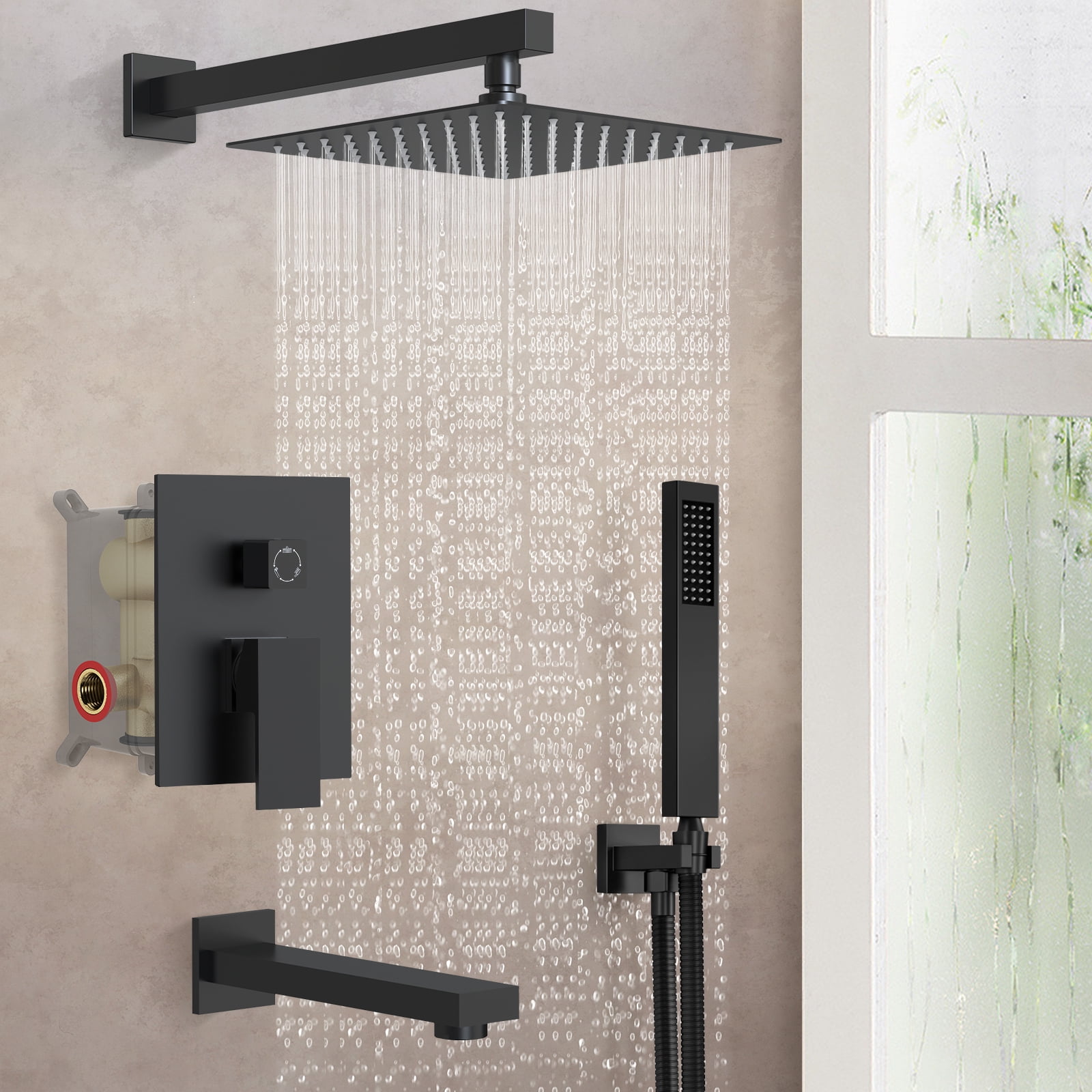 GRANDJOY 10 inch Rain Shower Head System Set with Bathtub Faucet Spout