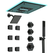 GRANDJOY 16 in. AuroraMist LED Bluetooth Music Bathroom Shower Faucet System 6-Spray Modes Dual Ceiling Mount Fixed and Handheld Shower Head Combo Set 2.5 GPM in Matte Black