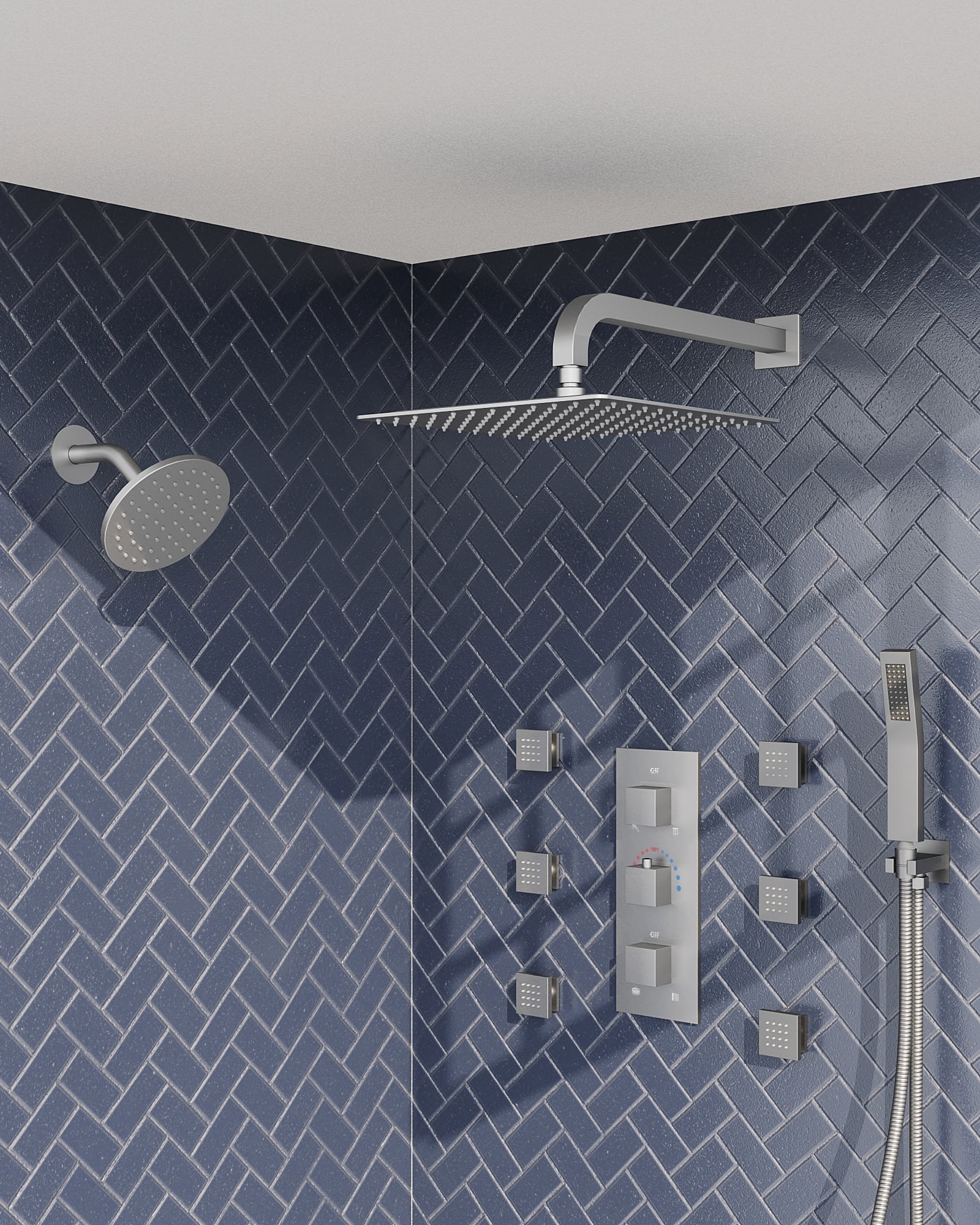 Nickel Dual Rain Shower System with Handheld and Body Jets