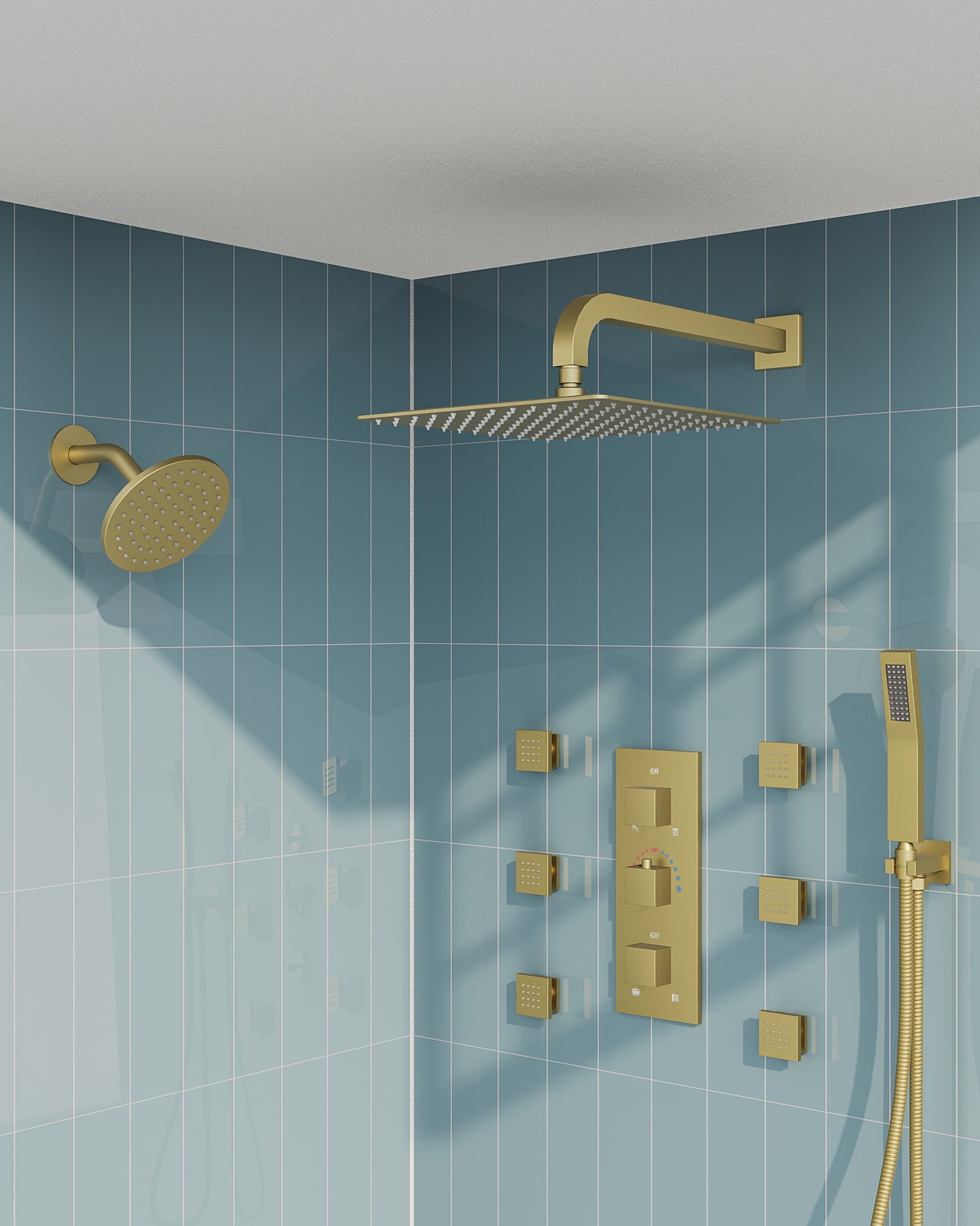 Brushed Gold Wall Mounted Dual Shower System with Body Jets
