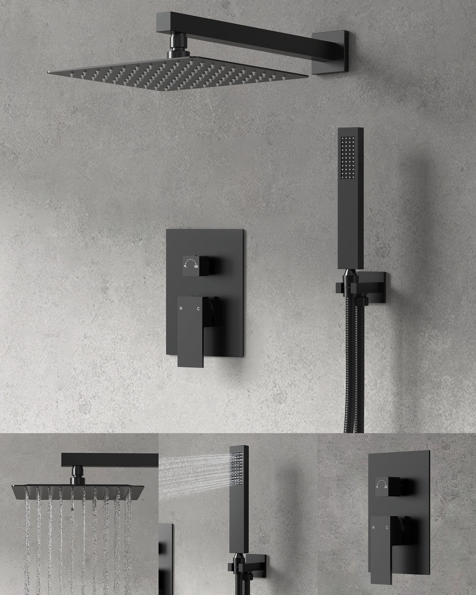 Matte Black Shower System Set With 10" & 6" Rain Shower Heads, Handheld Spray, And Diverter Valve