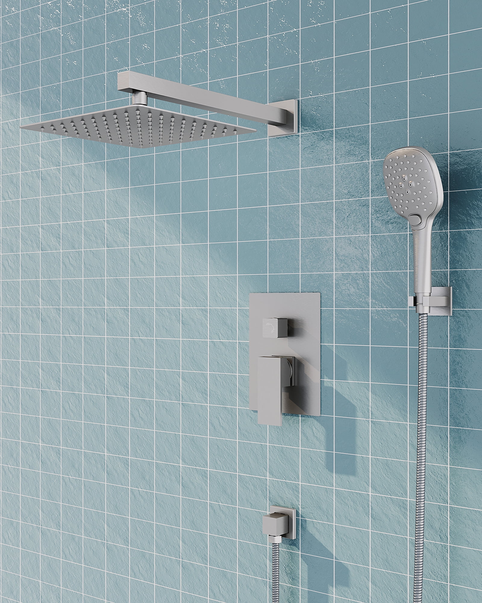 GRANDJOY Wall Mount Rain Shower System Set 2 Function Complete Bathroom Shower System with Rough