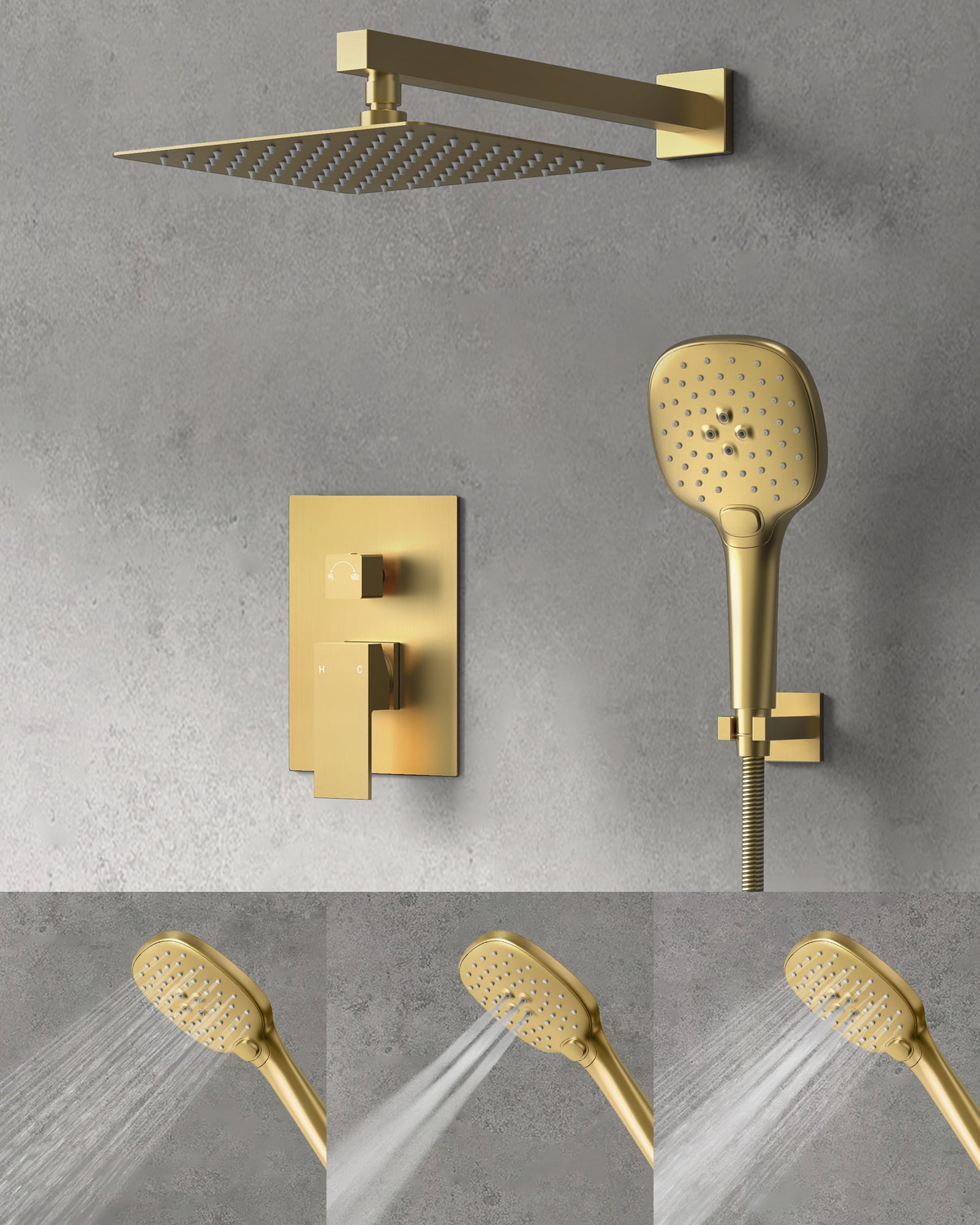 Gold Wall Mounted Rain Shower System with Handheld Spray