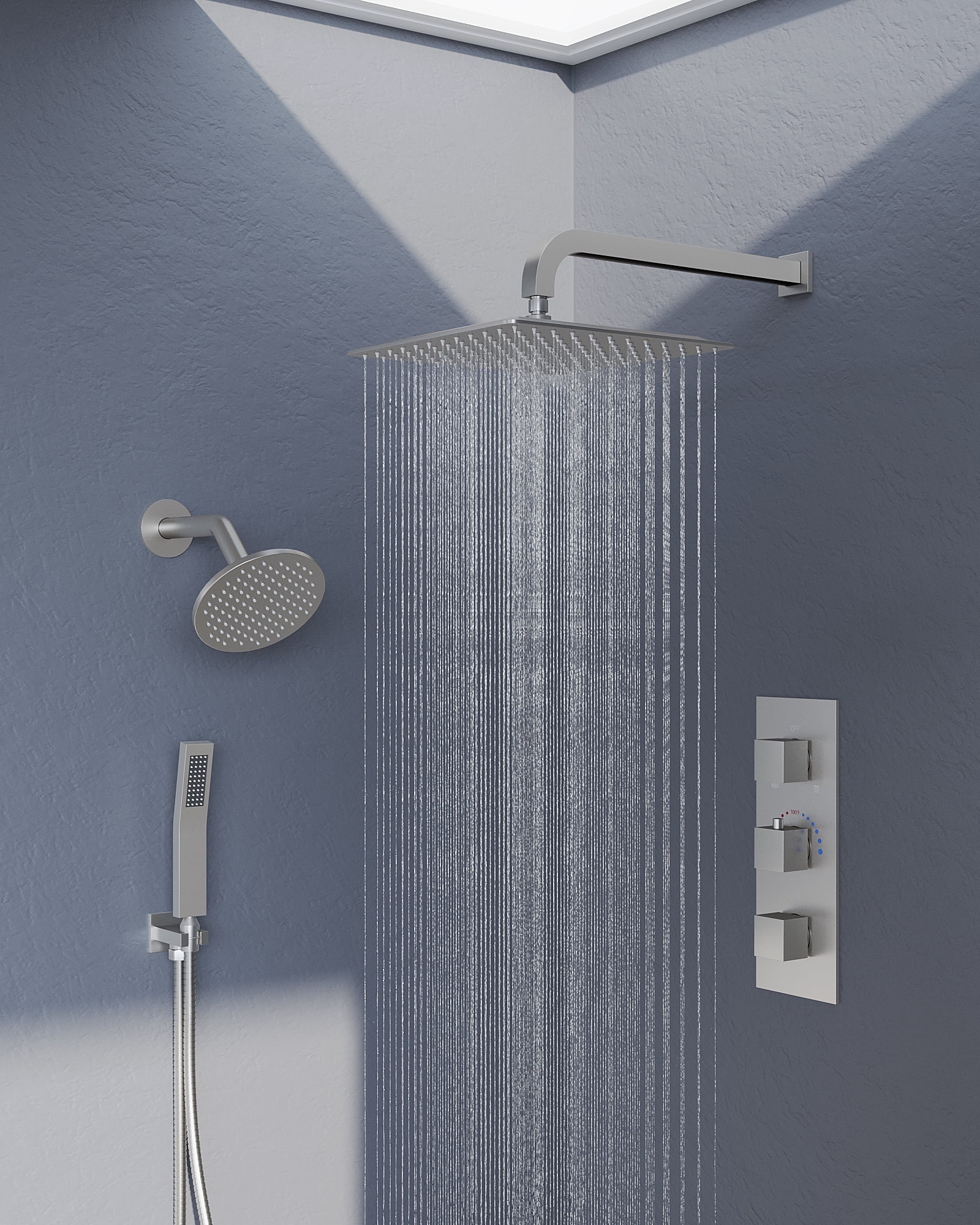 Nickel Dual Rainfall Shower System with Handheld Spray