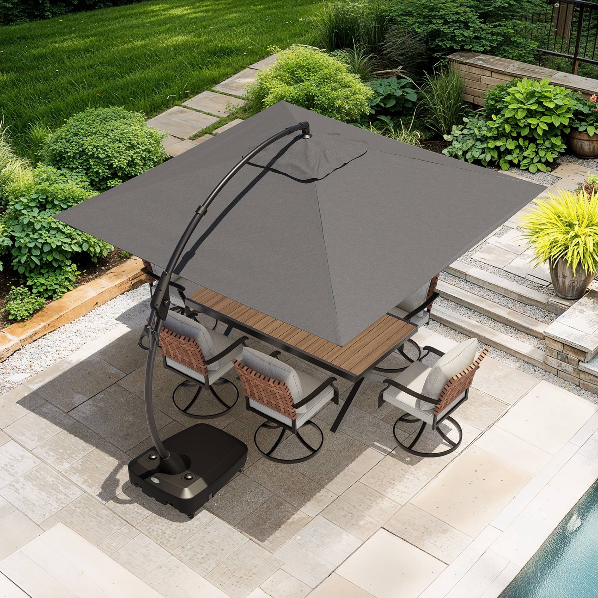 grand patio deluxe 10 foot curved aluminium offset umbrella 10x10 FT Square Patio Cantilever Umbrella, Curvy Of GRANDPATIO the reinforced pole is made from powder coated aluminium.The outer umbrella has wheels for easy movement and the base needs to be filled with 265 lbs of sand and water to secure the umbrella Grand patio Outdoor 12 FT