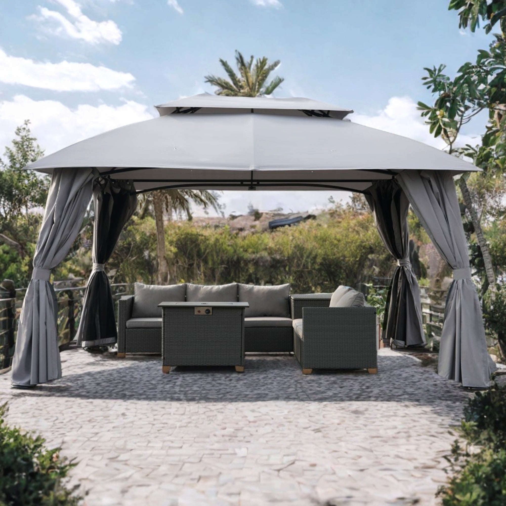 GRANDPATIO 10x13 Ft Gazebo Double Soft Top All-Weather Canopy Anti-UV Shelter with Privacy Curtains and Netting for Patio, Deck, Backyard, Garden, Lawns