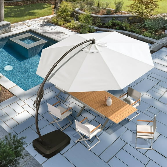 GRANDPATIO 12 ft Outdoor Patio Umbrella with Base, Curved Offset Cantilever Umbrella for Patio Pool Deck, White