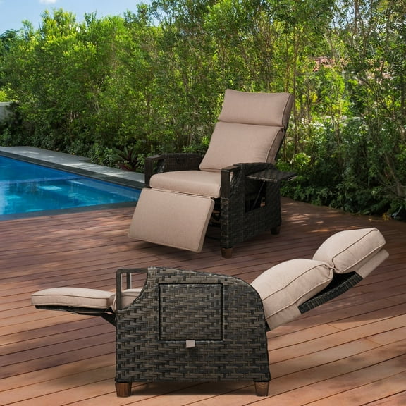 GRANDPATIO 2Pcs Wicker Indoor/Outdoor Recliner with Independent Backrest & Footrest Adjustment, Air Pump 150° Lay-Flat Lounge Chair, Removable Olefin Cushion & Flip-Up Side Table,Beige