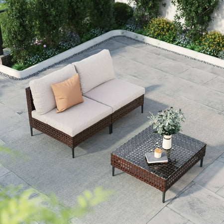 GRANDPATIO Outdoor Wicker Patio Furniture Set - Thick Cushions - 3-Piece, Beige/Brown