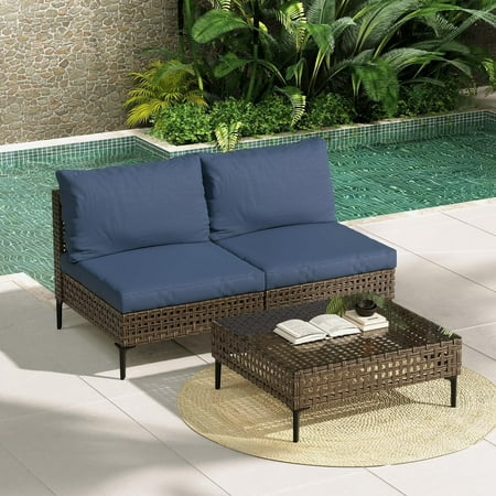 GRANDPATIO 3-Piece Wicker Patio Furniture Set, Retro Outdoor Conversation Set Sectional Sofa with Water Resistant Blue Thick Cushions and Coffee Table, Brown