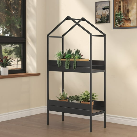 GRANDPATIO 3-Tier Steel Outdoor House-Shaped Steel Plant Stand, 29.5 x 13.75 x 59 Inches, Black