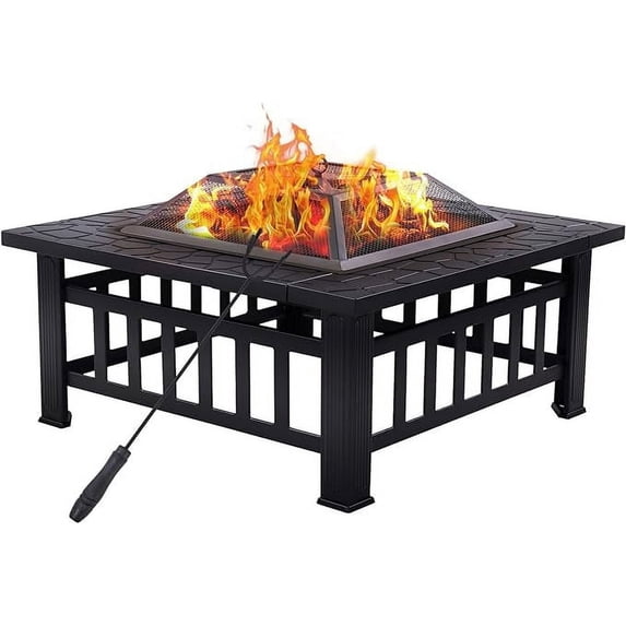 GRANDPATIO 32" x 32" Square Wood Burning Fire Pit with Spark Screen, Mesh Lid and Poker