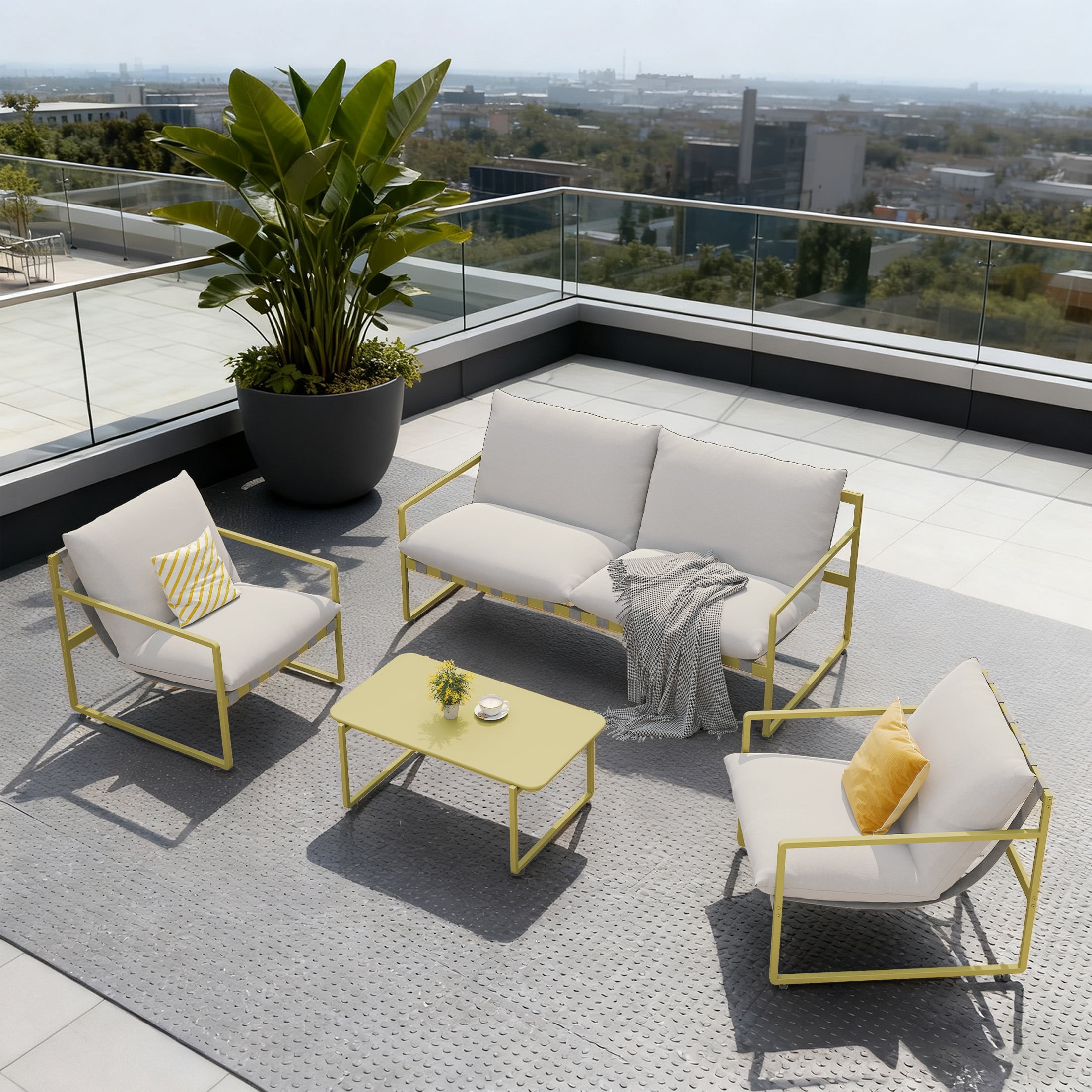 GRANDPATIO 4-Piece Patio Furniture Set All-Metal Frame Wide Webbing Outdoor Conversation Set with Olefin Cushions,Moss Green