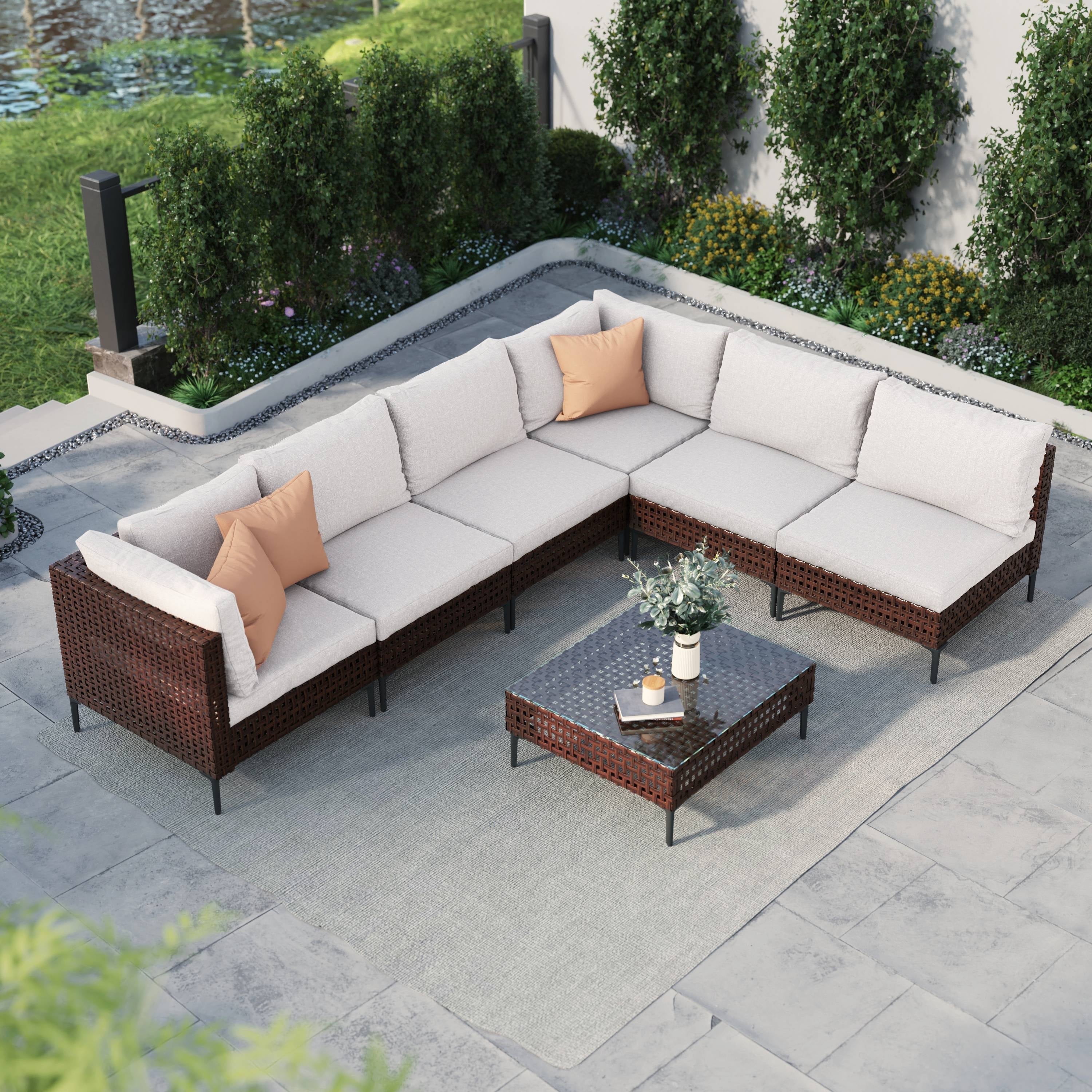 GRANDPATIO Boho 7-Piece Open Weave Wicker Patio Furniture Set, Outdoor Conversation Set with Thick Cushions, Beige Cushion&Brown Wicker