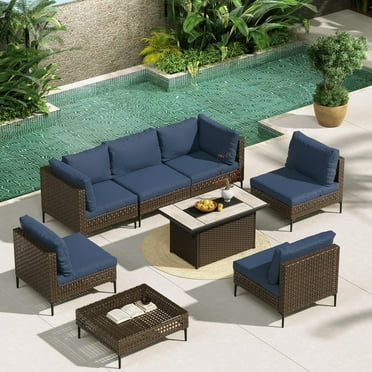 GRANDPATIO Bursa Adult 8-Piece Steel Weatherproof Outdoor Conversation Sets with 47" Fire Pit Table, Brown/Blue