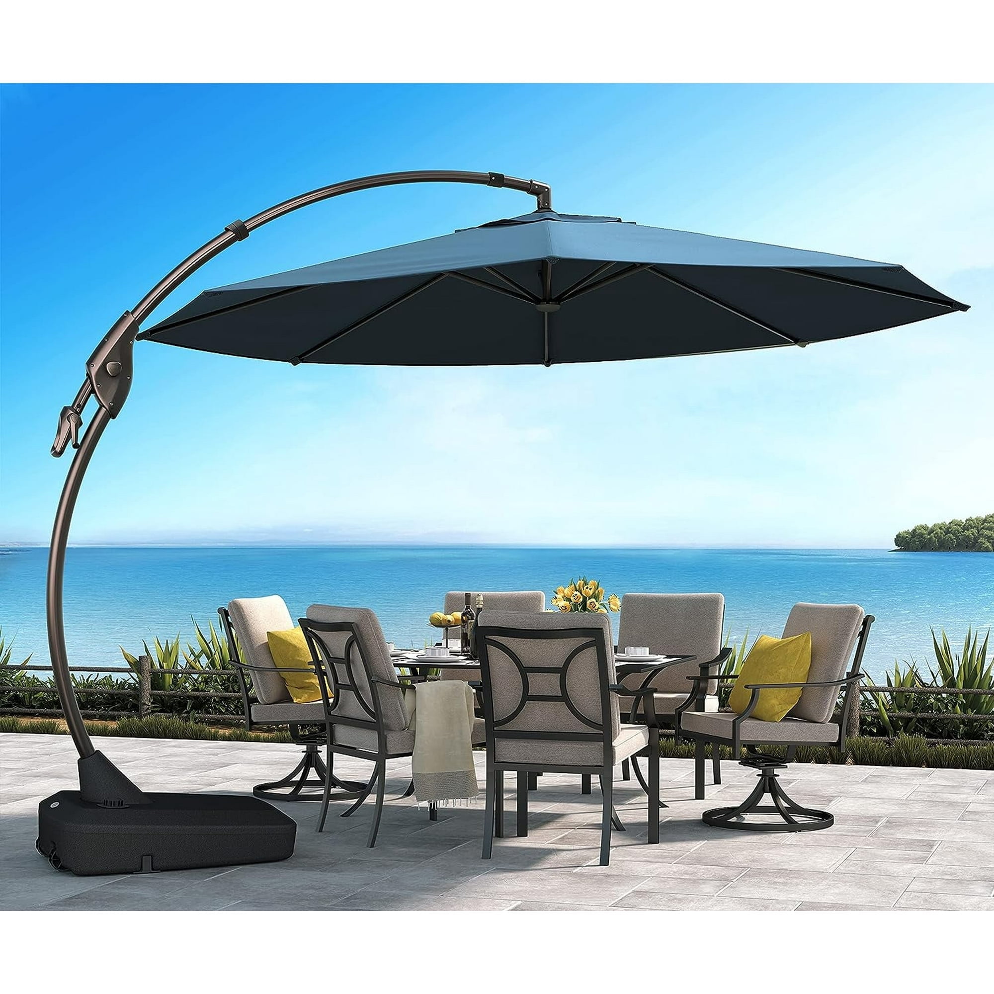 GRANDPATIO Napoli SUNBRELLA 12Ft Round Canteliver Patio Umbrella with Base, Canvas Sapphire Blue