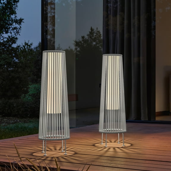 GRANDPATIO Outdoor Floor Lamp 2-Pack Wicker Patio Solar Floor Light Waterproof Outside Deck Lamp,White