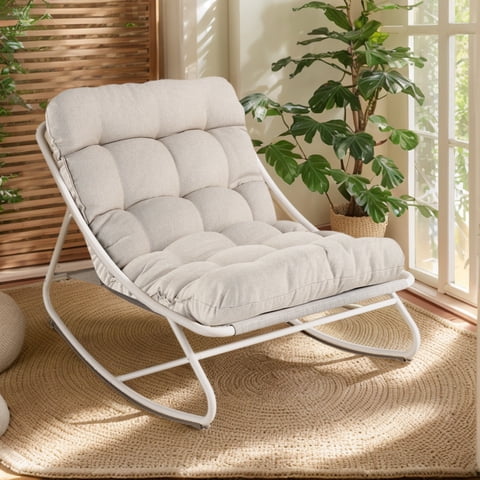 GRANDPATIO Outdoor Rocking Chair Modern Steel Cozy Lounge Rocker Chair with Cushion for Balcony Porch Patio, Beige (Set of 1)