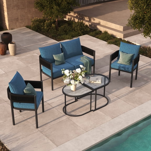 GRANDPATIO Woven Wicker 5-Piece Outdoor Conversation Set,Blue Cushion