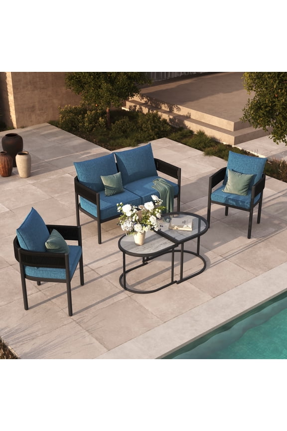 Woven Wicker 5-Piece Outdoor Conversation Set,Blue Cushion