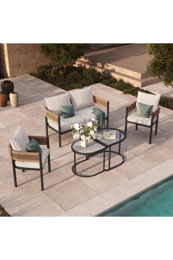 Woven Wicker 5-Piece Steel Outdoor Conversation Sets with Cushion, Khaki Wicker & Beige Cushion