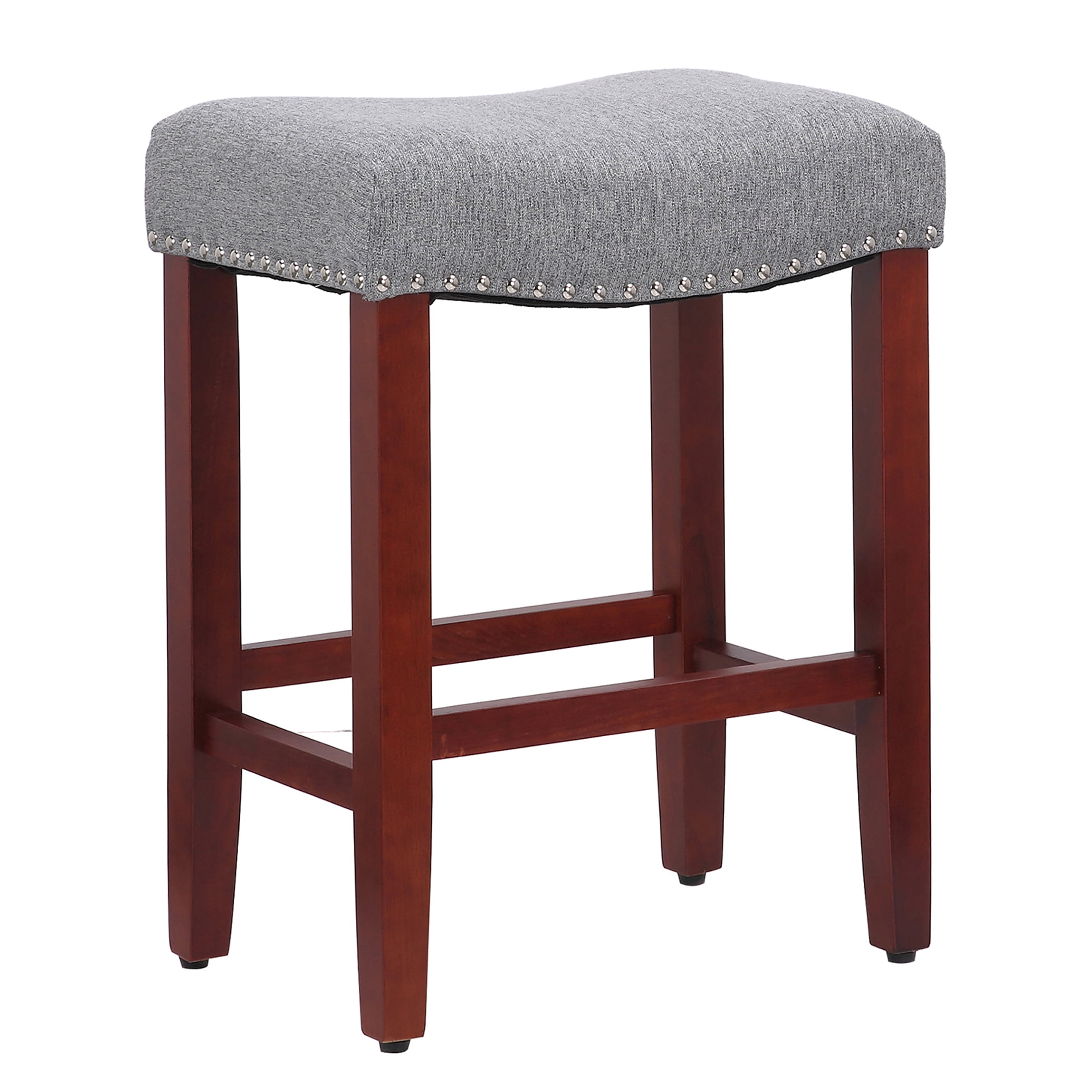Gray Upholstered Saddle-Style Counter Stool with Rubberwood Legs