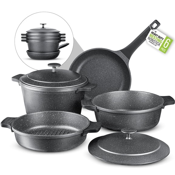 Granitestone 6Pcs Pots and Pans Set Nonstick,  Nesting Ceramic Cookware Set Nonstick, Induction & Oven Safe, Save 25% Space by Nesting, Black