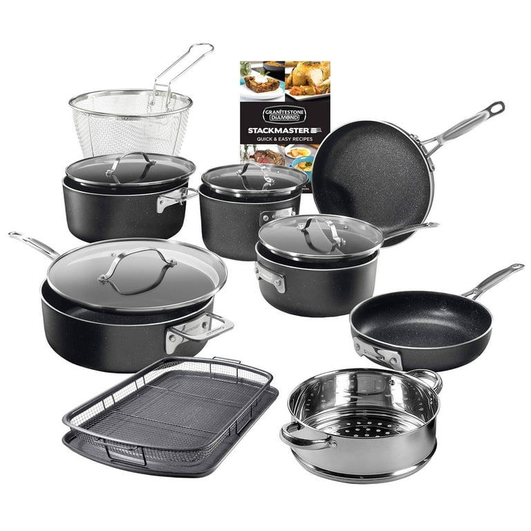 GRANITESTONE Stackmaster 15 Pcs Pots and Pans Set Induction-compatible,  Nonstick Cookware Set, Scratch-Resistant, Granite-coated Anodized Aluminum,  Dishwasher-Safe, PFOA-Free 