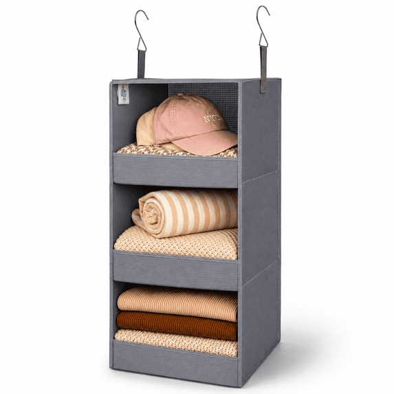 GRANNY SAYS 3 Tier Hanging Closet Organizer with 2 Sturdy Hooks, Anti-Fall Front Edge, Hanging Storage Foldable, Grey