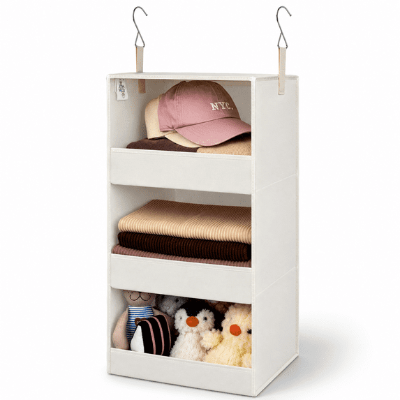 GRANNY SAYS 3-Shelf Hanging Organizer, Foldable Hanging Closet Storage, Hanging Shelves for Wardrobes, RV Closet, Beige