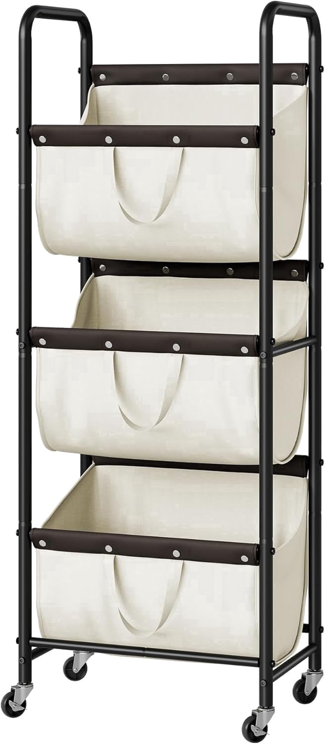 GRANNY SAYS 3-Tier Laundry Basket with Wheels, 120L Rolling Laundry Hamper Sorter, 3 Section Metal Frame Laundry Organizer, Removable Bags, Beige