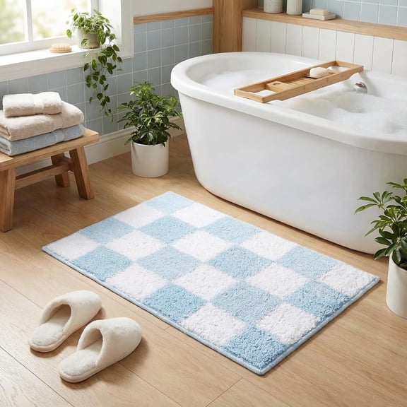 GRANNY SAYS Bathroom Rug, Checkered Bath Mat, Microfiber Non Slip Washable, 24" x 16", Shaggy Shower Mat, Blue