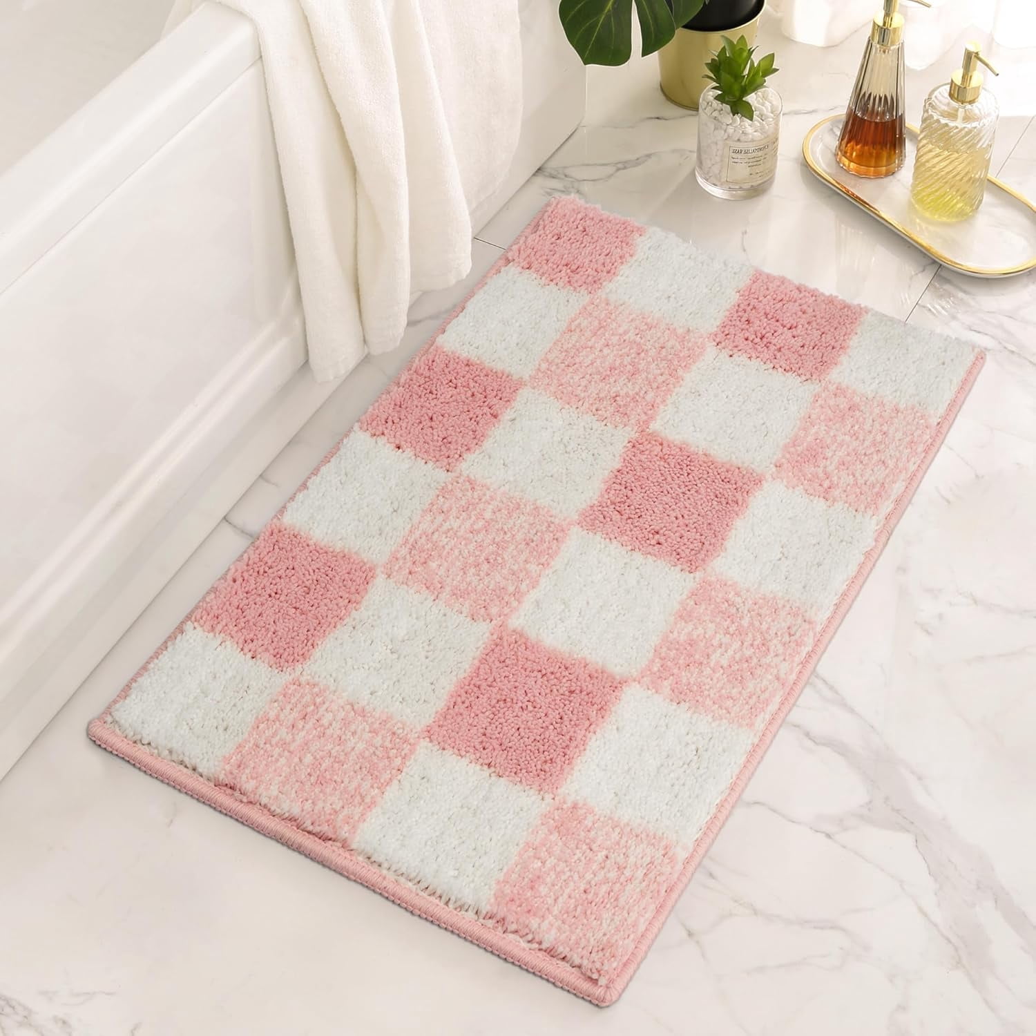 GRANNY SAYS Checkered Bathroom Rug, Absorbent Microfiber Ultra Soft Bath Mat Washable, Non-Slip Bath Rugs, 24" x 16", Pink