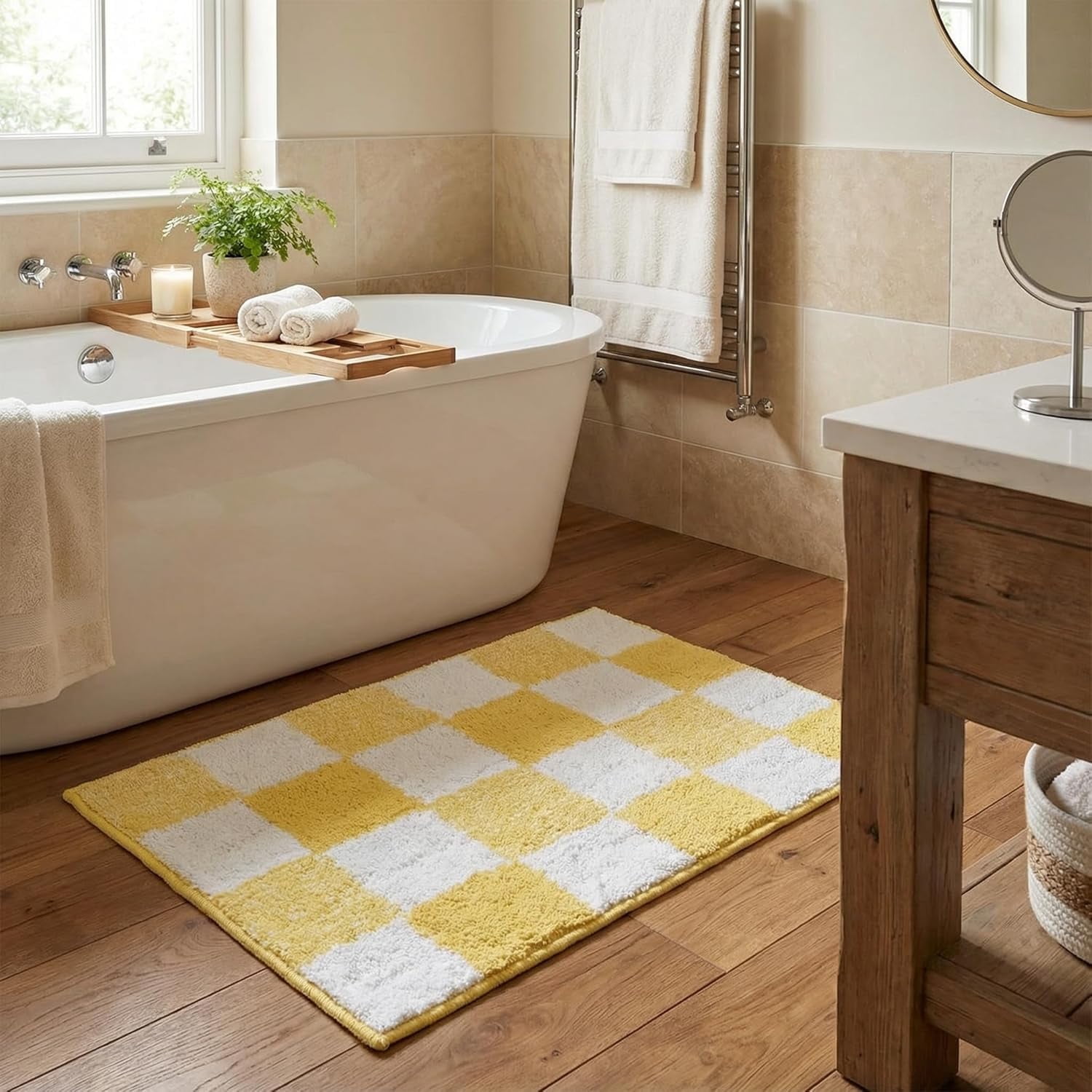GRANNY SAYS Checkered Bathroom Rug, Absorbent Microfiber Ultra Soft Bath Mat Washable, Non-Slip Shower Mats, 24" x 16", Yellow