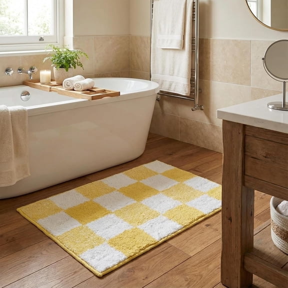 GRANNY SAYS Checkered Bathroom Rug, Absorbent Microfiber Ultra Soft Bath Mat Washable, Non-Slip Shower Mats, 24" x 16", Yellow