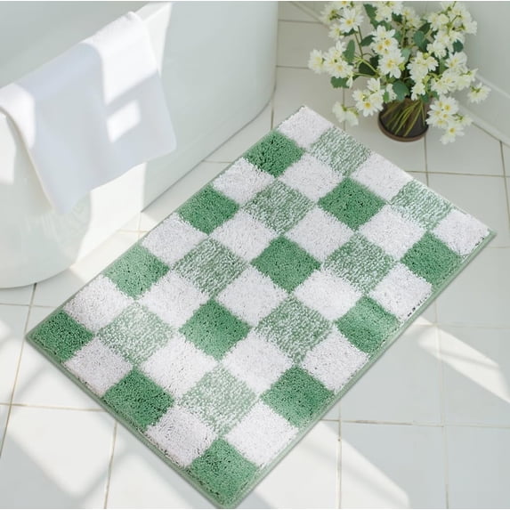 GRANNY SAYS Checkered Bathroom Rug, Absorbent Microfiber Ultra Soft Bath Mat Washable, Non-Slip Bath Rugs, 24" x 16", Green