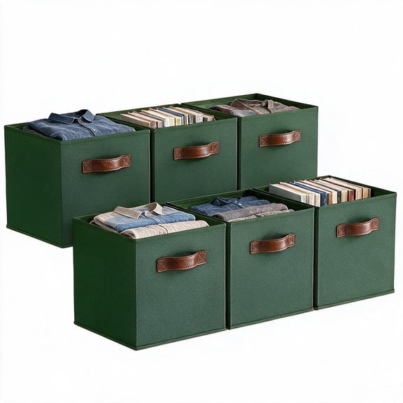 GRANNY SAYS Cube Storage Bins with PU Leather Handles, Collapsible Fabric Bins for Closet Shelf, 6-Pack, Dusty Green, 11 Inch