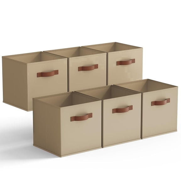 GRANNY SAYS Cube Storage Bins with Leather Handles, 11 Inch Collapsible Fabric Storage Bins for Closet Organization, Clothing Storage Bins for Shelves, 6-Pack, Khai