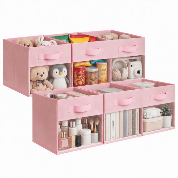 GRANNY SAYS Cube Storage Bins with Clear Window, 11 Inch Collapsible Fabric Storage Bins 6-Pack,Pink