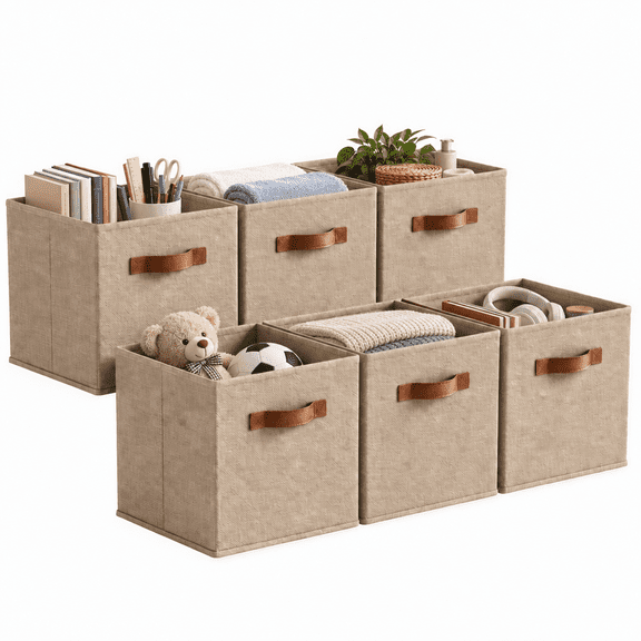 GRANNY SAYS Cube Storage Bins with Leather Handles, 11 Inch Collapsible Fabric Storage Bins for Closet Organization, Clothing Storage Bins for Shelves, 6-Pack, Khai