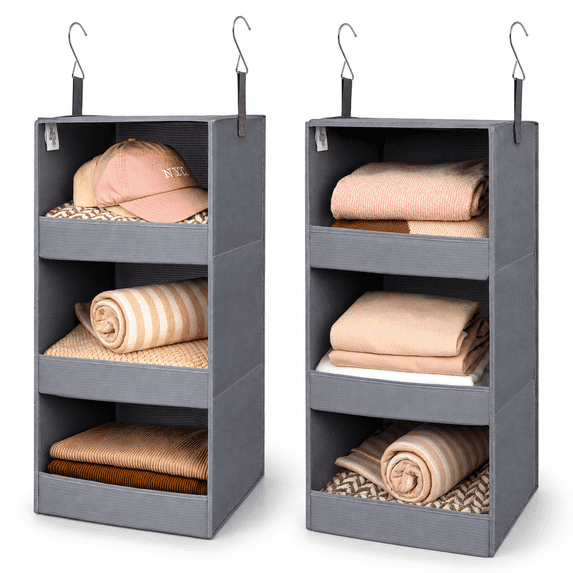 GRANNY SAYS Hanging Closet Organizer, 3-Shelf Foldable Storage with Metal Hooks for Dorm, RV, Bedroom, 2-Pack, Gray