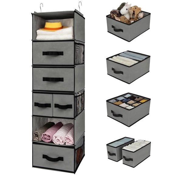 GRANNY SAYS Hanging Closet Organizer 6-Shelf, Foldable Storage Shelves with 5 Drawers, 6 Side Pockets, Gray