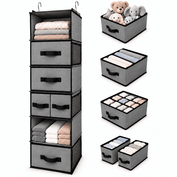 GRANNY SAYS Hanging Closet Organizer 6-Shelf, Foldable Storage Shelves with 5 Drawers, 6 Side Pockets, Gray