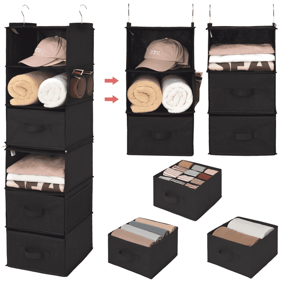 GRANNY SAYS Hanging Closet Organizer 6-Shelf, Separable into 2 Pack 3-Shelf Storage Shelves with 3 Drawers, 4 Side Pockets, Portable, Black