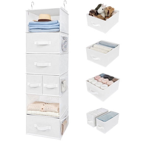 GRANNY SAYS Hanging Closet Organizer and Storage with Drawers, 6-Shelf Foldable Hanging Storage Shelves, White
